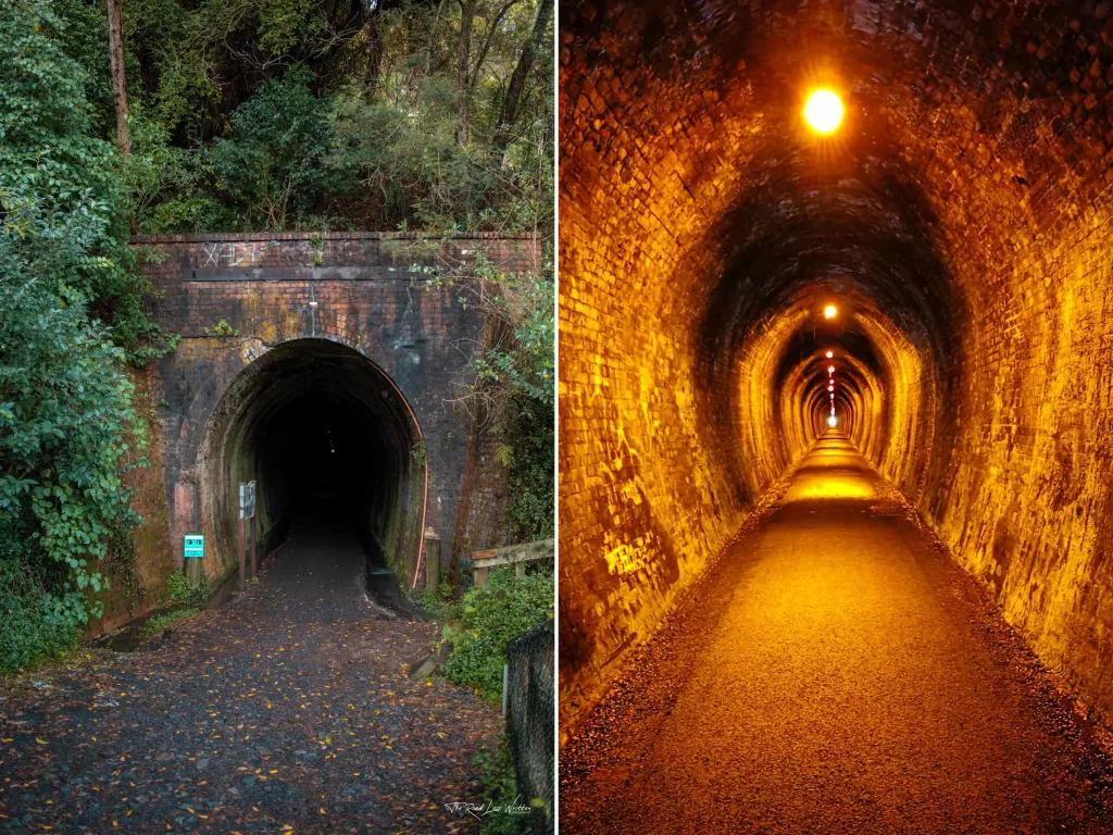 Railway tunnel entrance overgrown with bush (left) and illuminated interior of the gorge tunnel (right), Karangahake Gorge