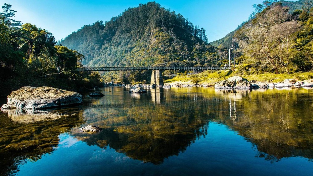 The Ohinemuri River and suspension bridge reflected in calm water, Karangahake Gorge
